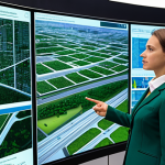 A professional environmental engineer, a woman in a modest business suit, stands in a futuristic command center overlooking a detailed sustainable smart city master plan displayed on large holographic screens. She gestures thoughtfully towards a complex urban green infrastructure project, emphasizing strategic planning and innovation. The setting is clean and modern, highlighting a vision for the future. Fully clothed, appropriate attire, professional dress, safe for work, appropriate content, perfect anatomy, correct proportions, natural pose, well-formed hands, proper finger count, natural body proportions, professional photography, high quality, realistic.