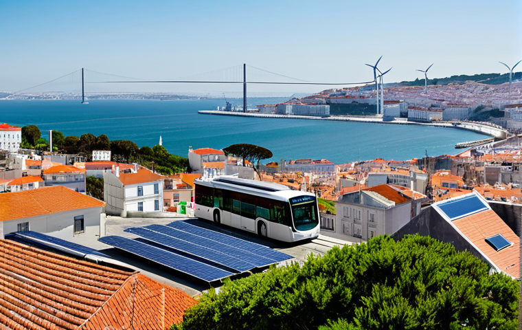 Sustainable Energy Transition in Lisbon**

"A modern Lisbon cityscape with solar panels on rooftops and electric buses on the streets, showcasing clean energy. In the background, a wind farm on a distant hill. Clean, bright atmosphere. Fully clothed people are going about their day. Safe for work. Appropriate content. Professional, family-friendly, perfect anatomy, correct proportions, natural pose, high quality."

**