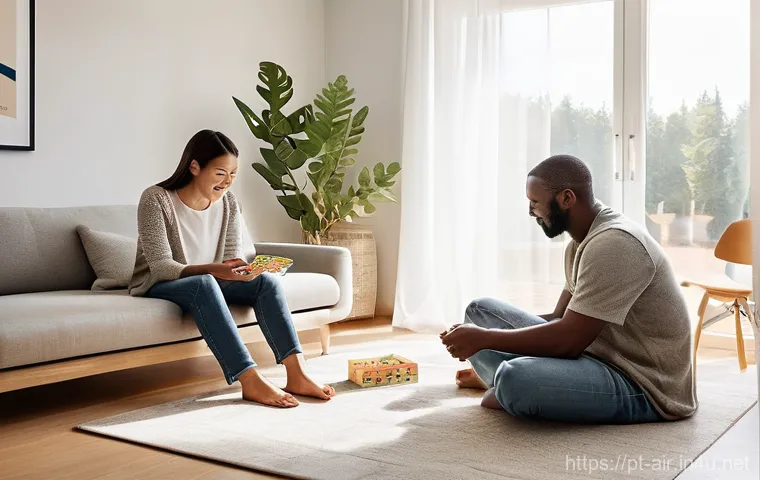 대기오염 방지시설의 종류와 기능 - **Prompt:** A cozy and inviting modern living room bathed in soft, natural light, with a family (fat...