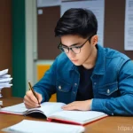 Home 19 대기환경기사 기출문제 풀이 - **Focused Student Analyzing Past Exams for Patterns:** A young adult, with a look of intense concent...