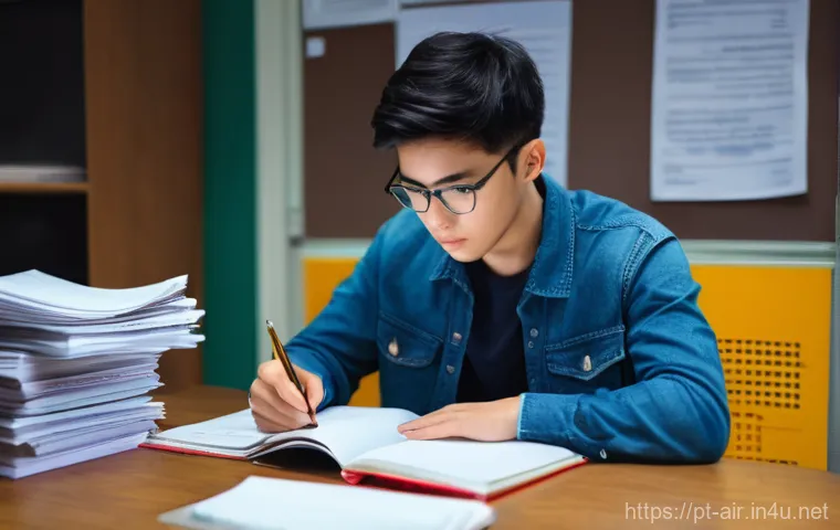대기환경기사 기출문제 풀이 - **Focused Student Analyzing Past Exams for Patterns:** A young adult, with a look of intense concent...