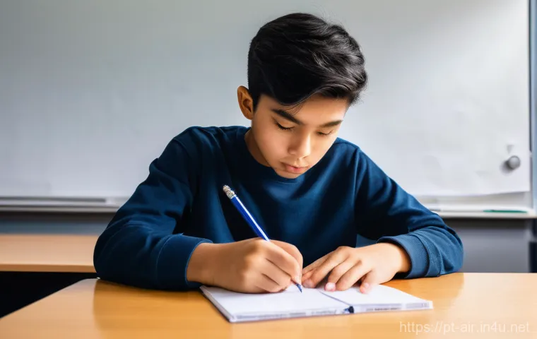 대기환경기사 기출문제 풀이 - **Focused Student Analyzing Past Exams for Patterns:** A young adult, with a look of intense concent...