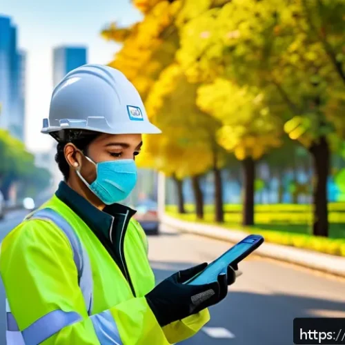 Home 29 대기환경분야 업무 일지 작성 요령 - A professional air quality technician wearing protective workwear and gloves, using a handheld digit...