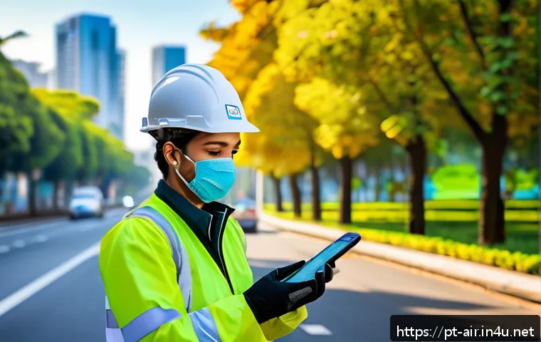 대기환경분야 업무 일지 작성 요령 - A professional air quality technician wearing protective workwear and gloves, using a handheld digit...
