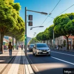 Home 16 대기오염물질 모니터링 데이터 분석 - A modern Brazilian city street scene featuring smart air quality sensors mounted on streetlights and...
