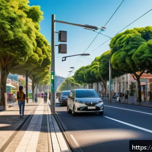 Home 28 대기오염물질 모니터링 데이터 분석 - A modern Brazilian city street scene featuring smart air quality sensors mounted on streetlights and...