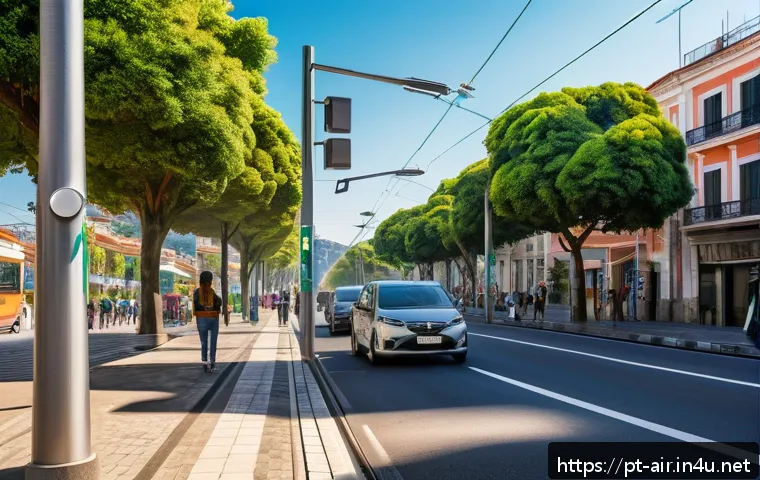 대기오염물질 모니터링 데이터 분석 - A modern Brazilian city street scene featuring smart air quality sensors mounted on streetlights and...
