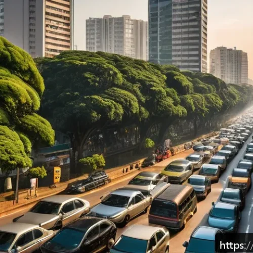 Home 15 대기오염물질과 기후변화의 관계 분석 - A detailed urban scene of São Paulo during a summer heatwave, showcasing dense traffic with numerous...