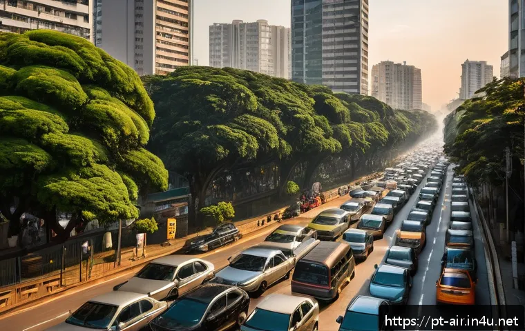 대기오염물질과 기후변화의 관계 분석 - A detailed urban scene of São Paulo during a summer heatwave, showcasing dense traffic with numerous...